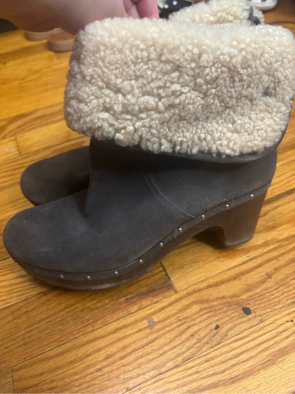 UGG gray Suede Shearling-Cuff Studded Block Heel Boots